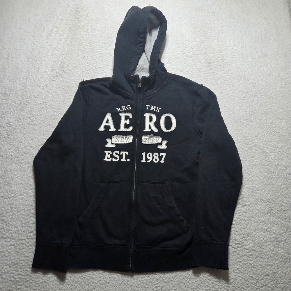 Y2K Aeropostale Men's Black Full Zip Graphic Print Hoodie Fleece Size Large